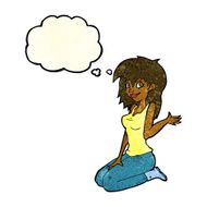 cartoon pretty girl waving with thought bubble N8