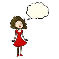 cartoon happy woman in dress with thought bubble N7