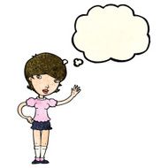 cartoon girl waving with thought bubble N9