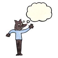 cartoon waving wolf man with thought bubble N2