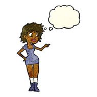 cartoon worried woman in dress pointing with thought bubble N4