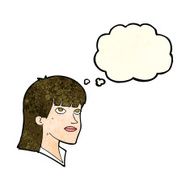 cartoon serious woman with thought bubble N7