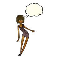 cartoon woman in dress leaning with thought bubble N4