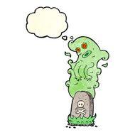 cartoon ghost rising from grave with thought bubble N10