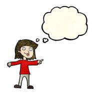 cartoon happy woman pointing with thought bubble N20