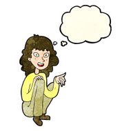 cartoon happy woman sitting and pointing with thought bubble N3