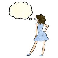 cartoon woman posing in dress with thought bubble N9