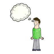 cartoon man shrugging shoulders with thought bubble N9