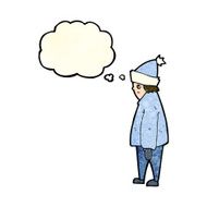 cartoon person in winter clothes with thought bubble N3