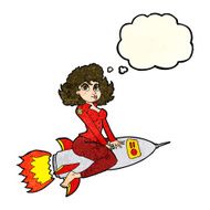 cartoon army pin up girl riding missile with thought bubble N4