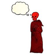 cartoon spooky skeleton in robe with thought bubble N2