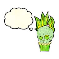 cartoon spooky skull cupcake with thought bubble N4