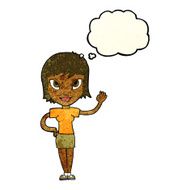 cartoon woman waving with thought bubble N98