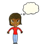 cartoon woman shrugging shoulders with thought bubble N135