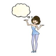 cartoon woman in cocktail dress with thought bubble N5