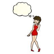 cartoon woman in cocktail dress with thought bubble N6