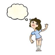 cartoon woman waving with thought bubble N99