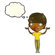 cartoon woman holding arms in air with thought bubble N4