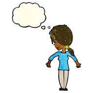 cartoon woman shrugging shoulders with thought bubble N137