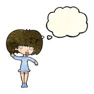 cartoon waving girl with thought bubble N3