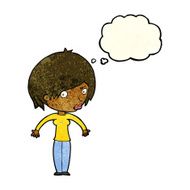 cartoon woman shrugging with thought bubble N18