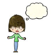 cartoon woman shrugging shoulders with thought bubble N138