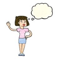 cartoon woman waving with thought bubble N100