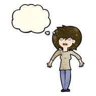 cartoon woman shrugging shoulders with thought bubble N140
