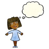 cartoon happy woman in dress with thought bubble N8