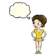 cartoon happy woman in short skirt with thought bubble N4