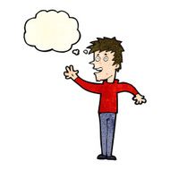 cartoon happy boy waving with thought bubble N6