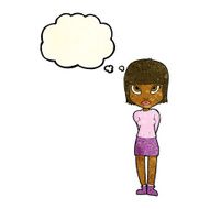 cartoon woman standing with thought bubble N7