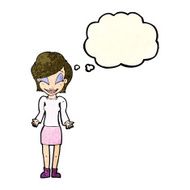 cartoon happy woman shrugging shoulders with thought bubble N6