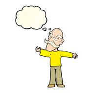 cartoon old man spreading arms wide with thought bubble N4