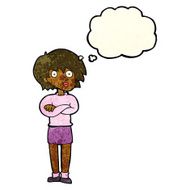 cartoon woman wit crossed arms with thought bubble N4