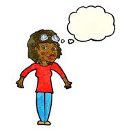 cartoon woman wearing goggles with thought bubble N4
