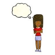 cartoon woman standing with thought bubble N8
