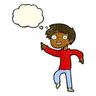 cartoon happy boy pointing with thought bubble N7
