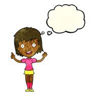 cartoon woman pointing with thought bubble N59