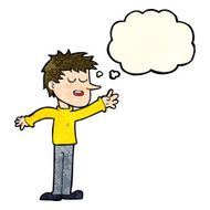 cartoon happy man reaching with thought bubble N3