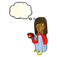 cartoon woman sitting with cup of coffee thought bubble N4