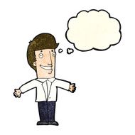cartoon grining man with open arms thought bubble N3