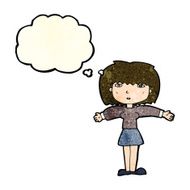 cartoon woman shrugging shoulders with thought bubble N141
