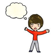 cartoon waving woman with thought bubble N44