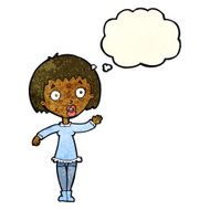 cartoon waving woman with thought bubble N45