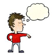 cartoon man making camp gesture with thought bubble N8
