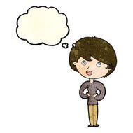 cartoon woman making Who Me? gesture with thought bubble N13