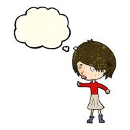 cartoon woman raising eyebrow with thought bubble N6