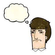 cartoon man narrowing eyes with thought bubble N15