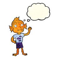 cartoon waving fish boy with thought bubble N4